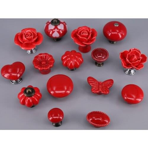 1PCS Red color ceramic knobs cabinet drawer handles pulls Furniture door Porcelain pumpkin Flower butterfly knobs