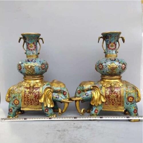 14 Bronze Copper Cloisonne Elephant Eight Treasures RuYi Flower Vase Bottle Pair