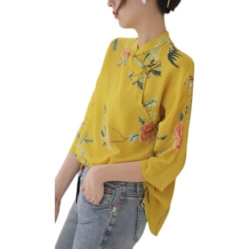 2021 chinese style improved hanfu top retro tang suit mandarin collar qipao top floral printing silk fabric cheongsam blouse