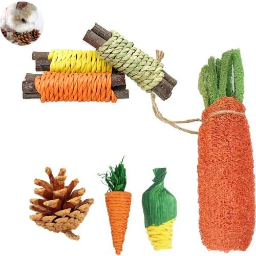 7pcs Hamster Rabbit Chew Toy Straw Rope Bite Grind Teeth Toys Corn Carrot For Tooth Cleaning Radish Molar Toys Pet Supplies