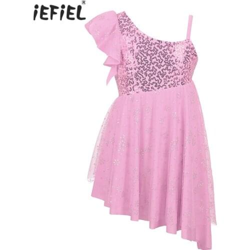 IEFiEL Kids Girls One-Shoulder Ballet Dress Gymnastics Leotard Ballerina Dancewear Glittery Sequins Ballet Lyrical Dance Costume