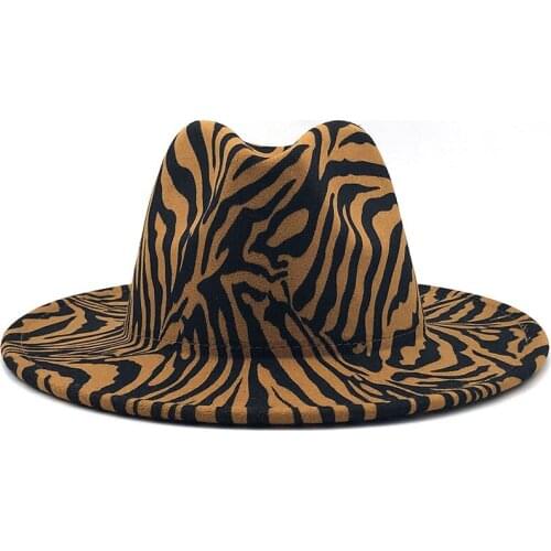 Simple Unisex Flat Brim Wool Felt Jazz Fedora Hats Zebra pattern Leather Band Decor Trilby Panama Formal Hats Wholesale