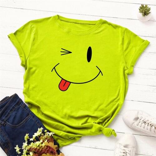 New Smile Face Print T Shirt Women 100%Cotton O Neck Short Sleeve Tees Summer T-Shirt Pink Tops Casual TShirt Plus Size S-5XL