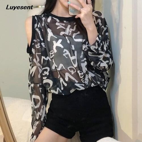 Transparent Sexy Lady Thin T Shirt Sun Protect Women Off Shoulder O Neck Tshirt Letter Print Long Sleeve Black White Street Top