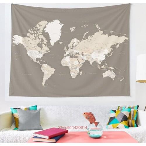 Earth tones world map with cities tapestry Hanging Tapestry Hippie Wall Hanging Blanket Wall Carpet Yoga Mat Home Decor