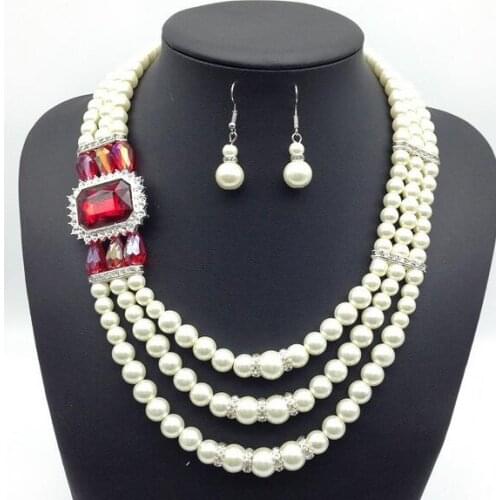 Fine Lady Wholesale red color zircon crystal 3rows shell pearl jewelry set necklace earrings