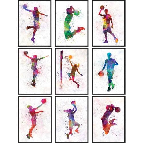 Basketball Shoot Gesture Print Canvas Art Painting Watercolor Effect Feature Wall Picture Modern Room Home Decoration
