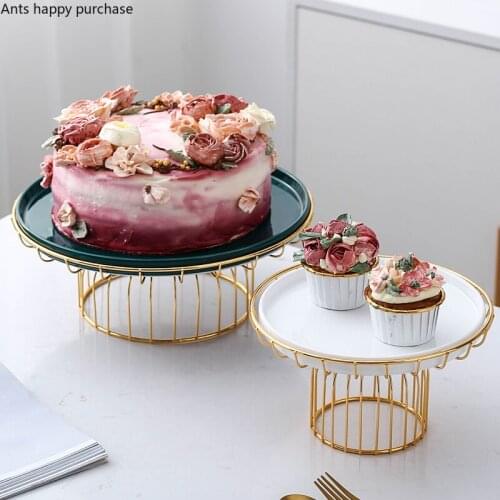 Wrought Iron Gold Tall Feet Ceramic Fruit Plate Dessert Table Dessert Cake Pan White Green 8 Inches 12 Inches Decorative Plate