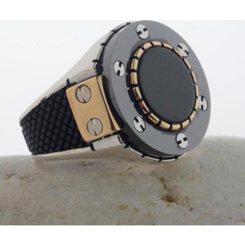 Round Black Onyx Gamestone Silver Ring The Spirit of Time Themed Ring Modern Silver Ring Art Deco Ring