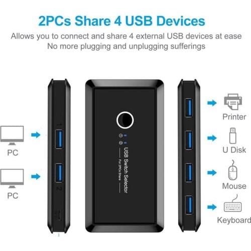 USB KVM Switch Box USB 3.0 Switcher 2 Port PCs Sharing 4 Devices for Keyboard Mouse Printer Monitor Switch Selector