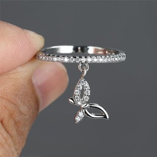 Cute Female Small Butterfly Pendant Ring White Zircon Engagement Ring Vintage Gold Silver Color Wedding Rings For Women Jewelry