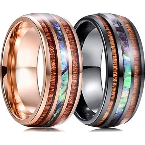 Fashion 8mm Hawaiian Koa Wood and Abalone Shell Inlay Tungsten Carbide Ring For Men Women Wedding Band Jewelry Drop shipping