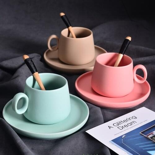 Exotic Coffee Cup Dish Set Macaron Colour Cappuccino Latte Wood Spoon Cafe Office Nespresso Glass Taza Gato Koffie Beker Tumbler