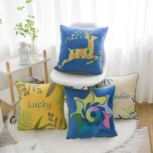 New Velvet blue Cushion Cover Colored Deer Geometric Circle Cotton Square Embroidery Pillow Cover 45x45cm Home Decor