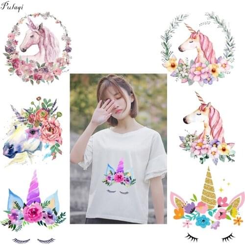 Pulaqi Unicorn Fashion Girl Wreath Horse Heat Transfers Pvc Patch Stickers On Clothes Washable 3D Stickers Patch DIY Decoration