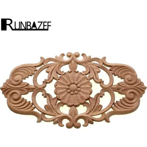 RUNBAZEF Door Flower Woodcarving Decal Wood Engrave Onlay Applique Craft Vintage Home Decor Elegant Gifts Miniature Ornaments