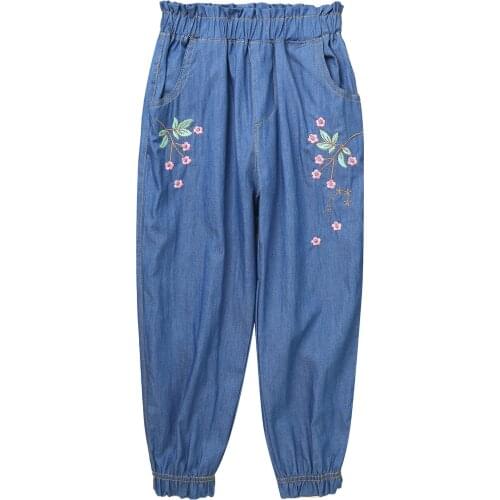 Spring Summer Jeans For Girls Kids Anti-mosquito Pants Elastic Waist Flower Print Children Clothes Girl Denim Pants With Pockets