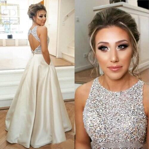 A Line Bridesmaid Dresses Sleeveless Crystals Beaded Formal Prom Dress with Pockets Sexy Backless vestido longo