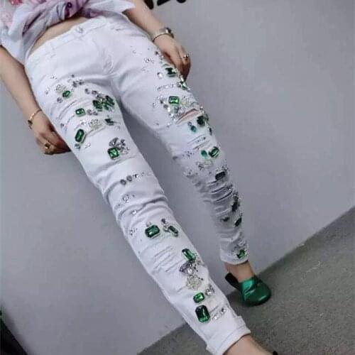 Vintage Green Diamonds Mid Waist Womens Casual Jeans Female Trousers New Fashion High Quality Skinny Stretch Pencil Pants Hole