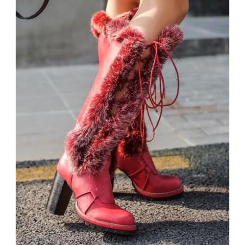 Winter Warm Real Fur Leather Women Knee High Boots Gladiator Lace Up Thick High Heels Dress Shoes Woman New Platform Shoes Woman