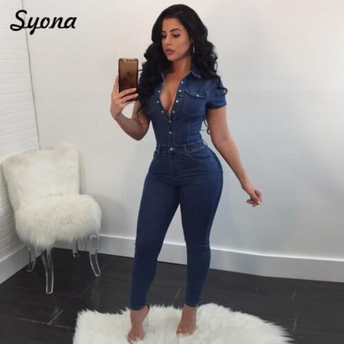 Women Denim JUMPSUIT Jeans Short Sleeve Female One Piece ROMPER Capri Slim Single Breasted Button Pockets Casual Plus Size Large