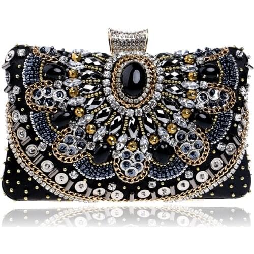 Hot Sale Beaded Clutch Purse Elegant Black Evening Bags Wedding Party Clutch Handbag Metal Chain Shoulder Bags Borsa sera donna