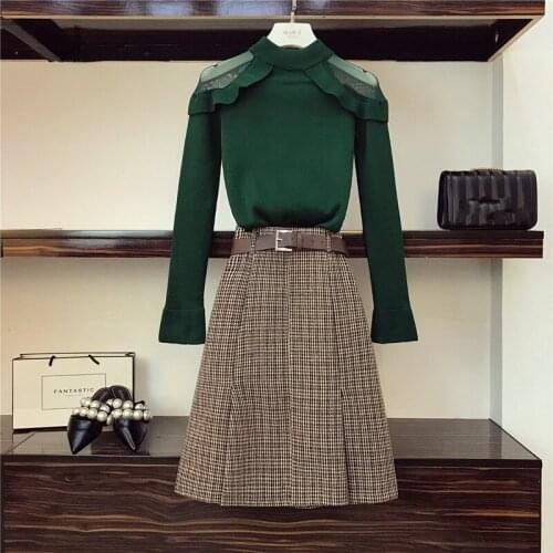 Women Half Turtleneck Slim Knittwear Top And Plaid Mid Skirt 2 Piece Set Autumn Winter New Shoulders Mesh Ruffles Sweater Sets