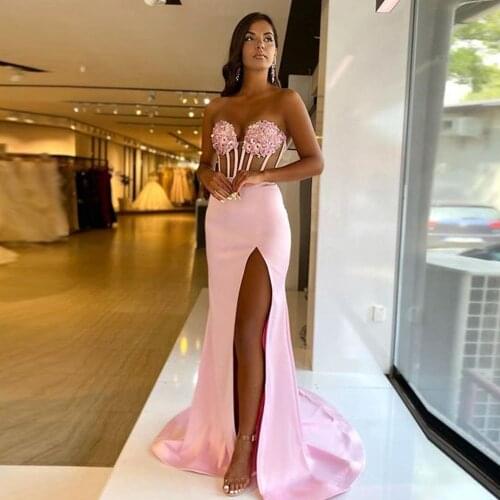 Sweetheart Mermaid Evening Dresses Long 2021 Pink Satin Side Split Prom Gowns Strapless Party Dress Custom vestido de fiesta