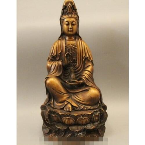 14" Chinese Tibet Buddhism Bronze Seat Lotus Kwan-yin Guan Yin Statue Sculpture