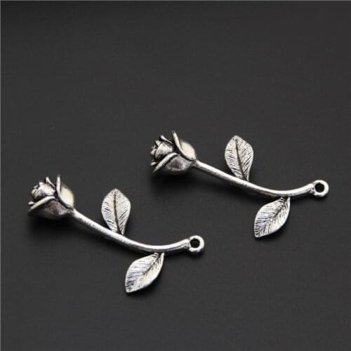 5pcs Silver Color 3D Rose Flowers With Leaves Charms Pendant For Jewelry Making Bracelet Accessories A2509