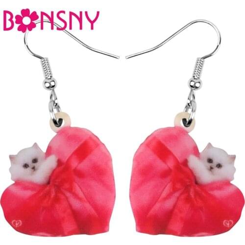 Bonsny Acrylic Valentines Day Love Chinchilla Cat Earrings Animal Drop Dangle Jewelry For Women Girl Teen Charms Gift Accessory