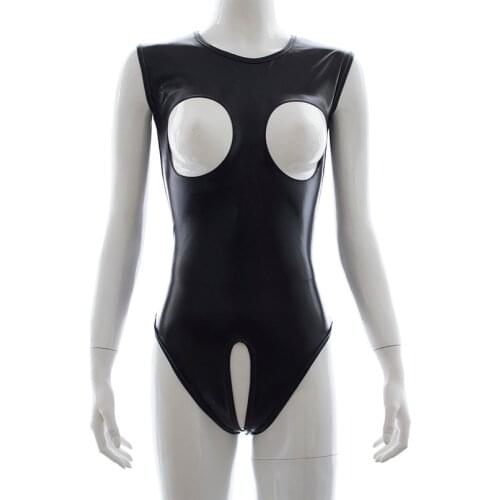 MaryXiong PU Leather Bodysuit Open Bust Crotch Erotic Clubwear for Women Body Harness BDSM Bondage Restraints Sex Toys Products