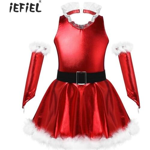 Red Kids Girls Christmas Dance Dress Costume Outfit Sleeveless V Ruffle Neck Elastic Waistband Girls Dress Theme Party Dress Up