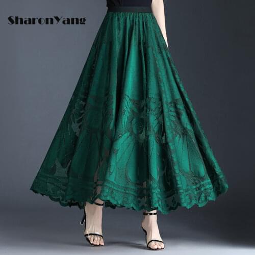 Elegant Maxi-Lace Skirts Womens Casual Elastic High Waist Hollow Out Long Skirts 2021 Summer Beach Holiday Skirt New