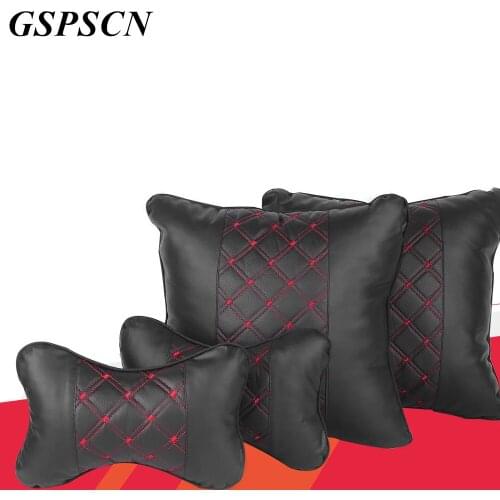 GSPSCN 2pcs PU Leather Car Neck Pillows Waist Support Car-styling Accessories For Relieve Fatigue Breathable Removable Cover