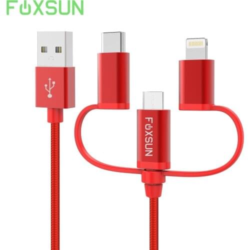 Foxsun 3 in 1 USB Data Charging Cable for Lightning Cable Micro USB Cable Type-C Cable for iPhone 8 7 6 Samsung S8 Huawei Mate10