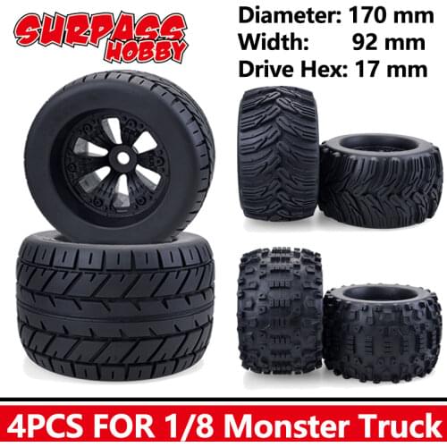 Surpass Hobby 4PCS 170MM*103MM Monster Truck Wheels Rim Tire Set 17mm Hub Hex For 1/8 Off-Road RC Car HPI Redcat Rovan Savage
