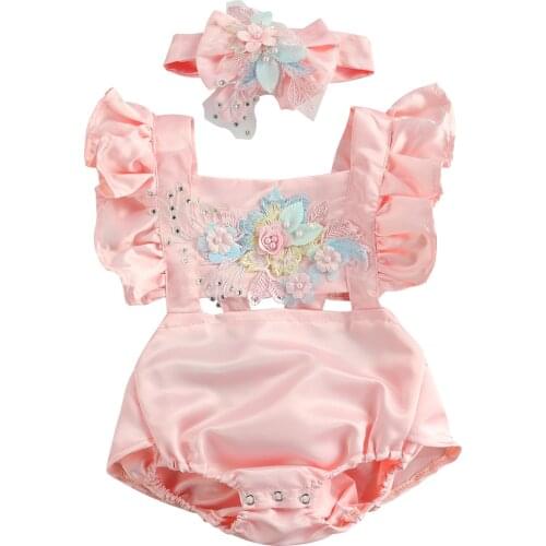 2Pcs Baby Newborn Girls Embroidery Romper Flying Sleeve Square Neck Rompers Jumpsuit Headband Infant Toddler Summer Romper 0-18M