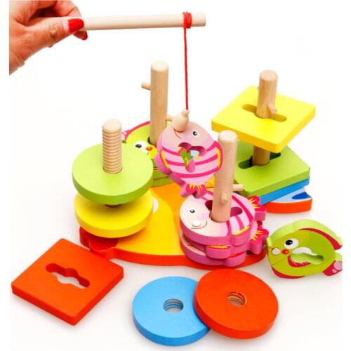 Baby wooden toys Magnetic fishing game and Four set columns geometry Building blocks Children classic wood model kits block gift