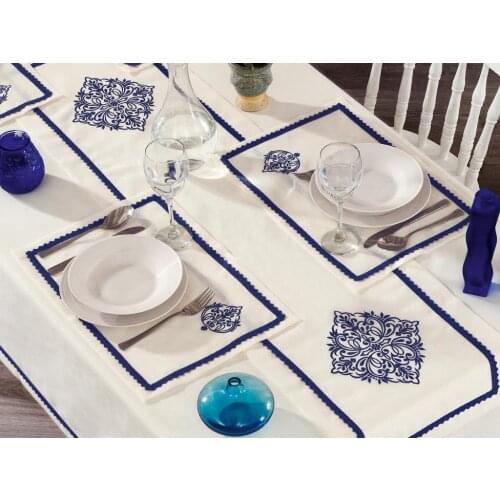 Adenya Embroidered Linen A. Serviced Table Cover Set 14 Piece Blue