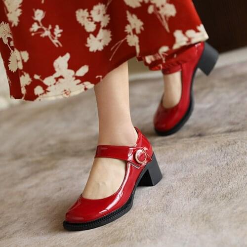 Retro style round toe high heels fashion paint Mary Jane buckle beaded black red apricot high-heeled chunky womens shoes