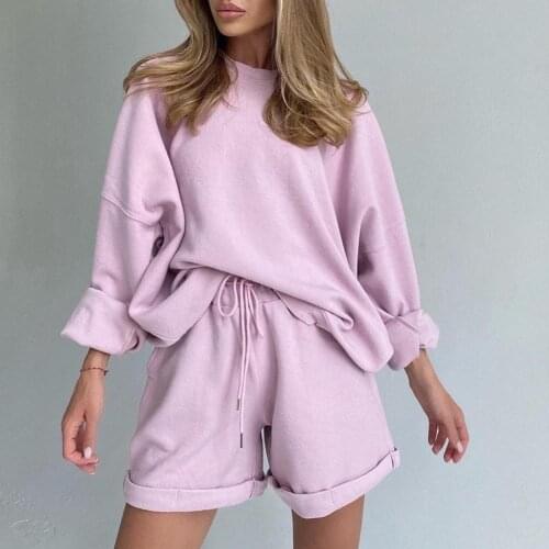 Fashion Women Solid Color O Neck Long Sleeve Blouse Tops Shorts Loose Suit Two Piece Sets Outfit Casual 2020 Set Sports Suit