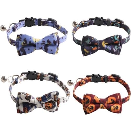 Halloween Cat Collar with Movable Bow Tie Pumpkin Lantern Bat Spider Pattern Holiday Kitten Safety Breakaway Collar with Bells