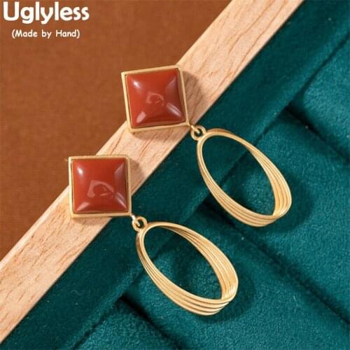 Uglyless Simple Fashion Geometric Square Agate Earrings Women 925 Silver Hollow Oval Earrings Rhombus Gemstones Brincos Bijoux