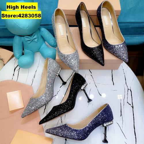 Casual Designer Fashion Women Pumps Silver Glitter Strass Pointy Toe Stiletto Stripper High Heels Bride Wedding Shoes