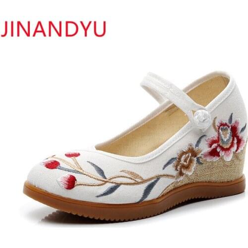Embroider Wedge Heels Casual Shoes Women Ethnic Style Oxford Slip on Shoes for Women Comfort Red Black White Shoes Woman Heels