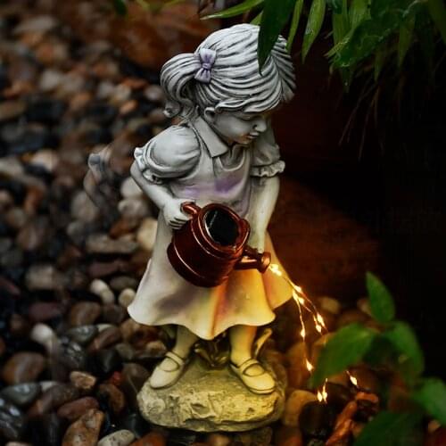 Outdoor Solar Night Light Luminous Resin Kettle Girl Sculpture Courtyard Villa Furnishing Crafts Garden Park Ornament Decoration