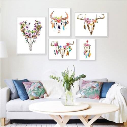 Vintage Retro Animal Deer Head Skull Feather Dream Catcher Art Prints Posters Wall Picture Canvas Painting Living Room Decor