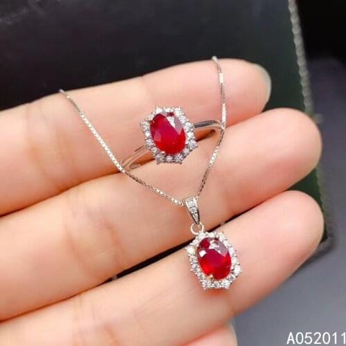 KJJEAXCMY fine jewelry natural Ruby 925 sterling silver luxury girl new pendant necklace chain ring set support test