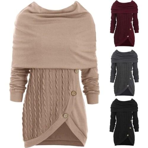 Women Hooded Cowl Neck Sweater Button Decor Asymmetric Hem Pullover Tunic Top Long Sleeve Solid Color Cable Knit Jumper Shirt